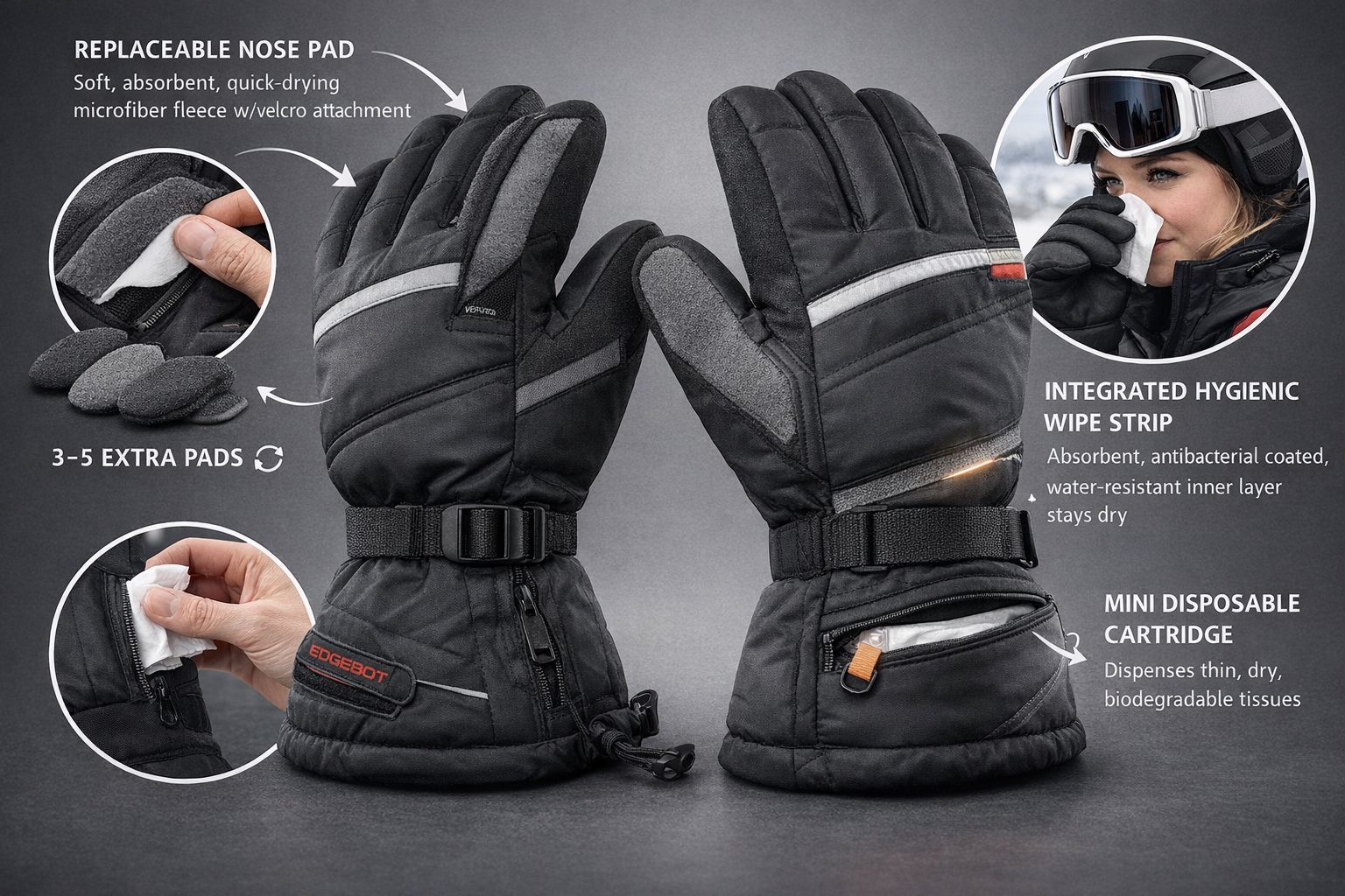 Nivix ski glove showing replaceable nose pad, integrated hygienic wipe strip, and mini disposable cartridge